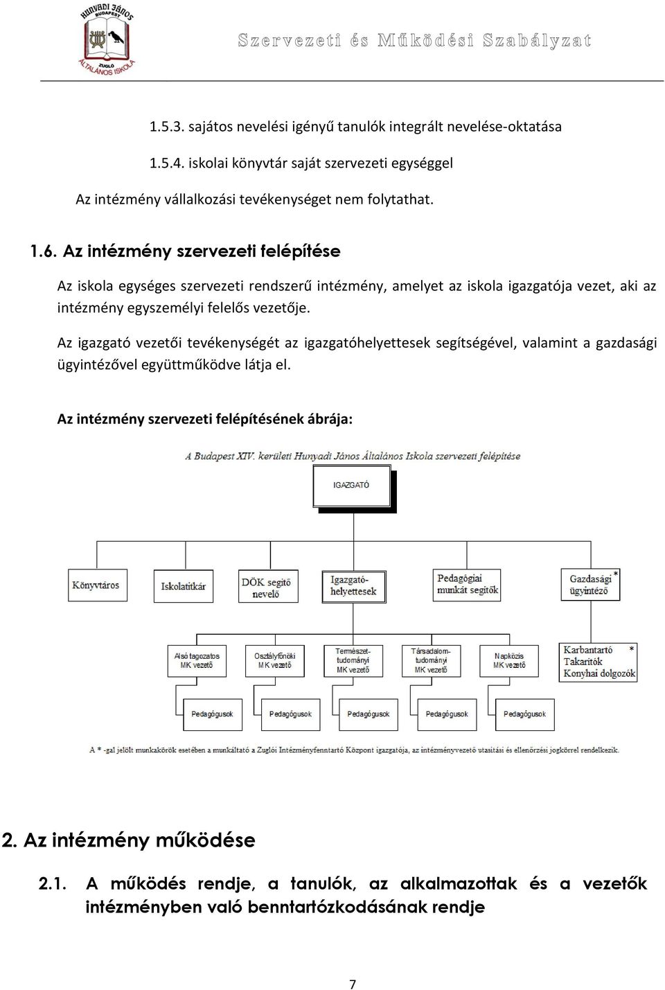 Az intézmény szervezeti felépítése Az iskola egységes szervezeti rendszerű intézmény, amelyet az iskola igazgatója vezet, aki az intézmény egyszemélyi felelős