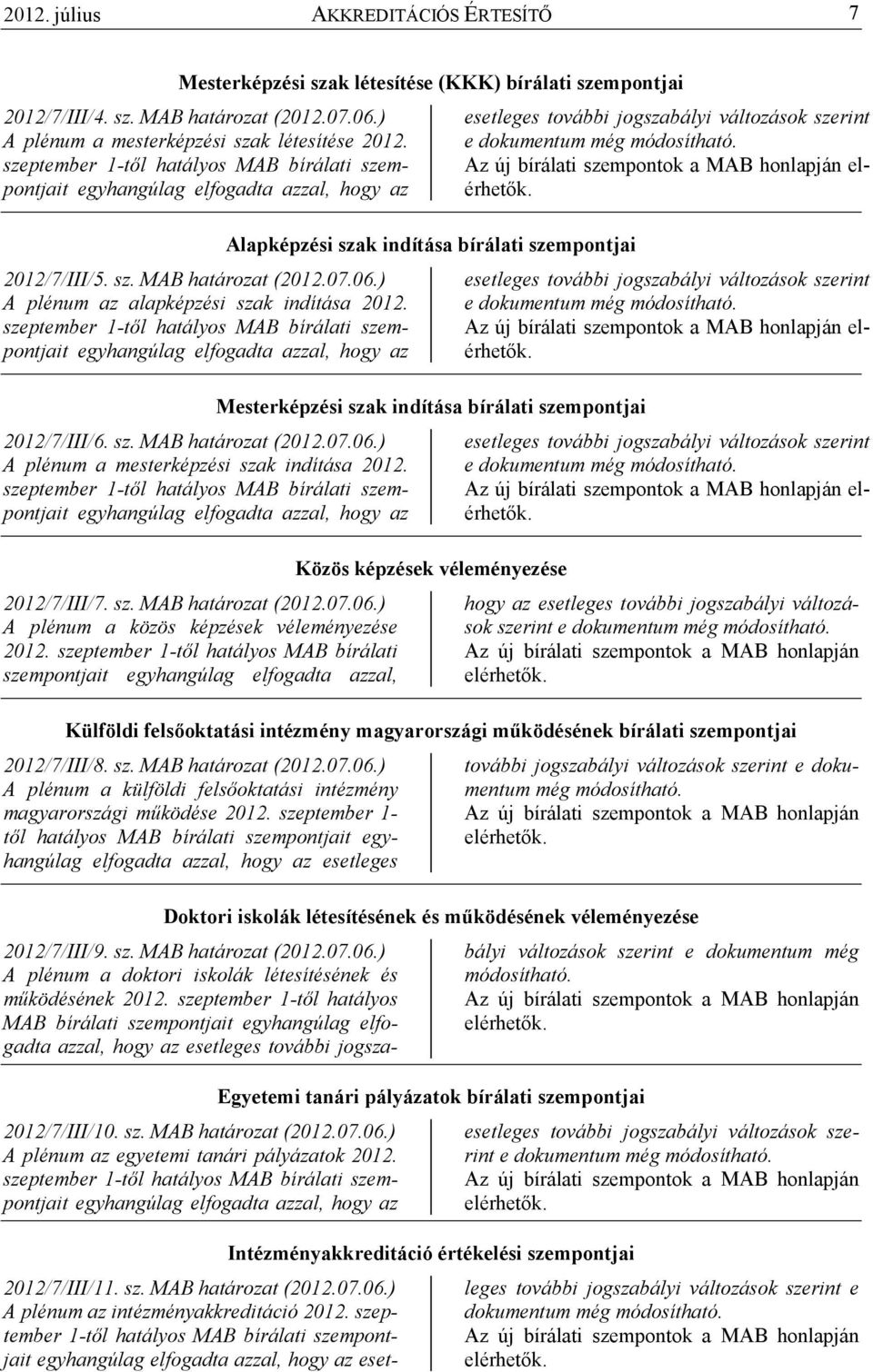 szeptember 1-tıl hatályos MAB bírálati szempontjait egyhangúlag elfogadta azzal, hogy az 2012/7/III/6. sz. MAB határozat (2012.07.06.) A plénum a mesterképzési szak indítása 2012.