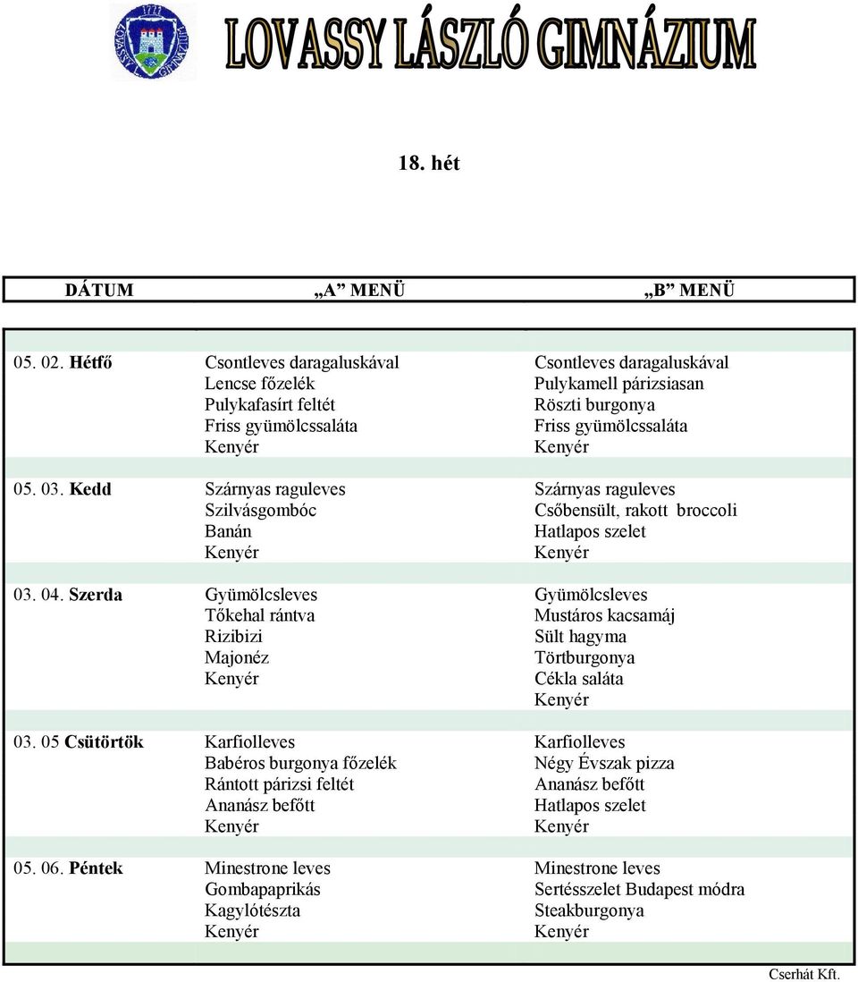 05. 03. Kedd Szárnyas raguleves Szárnyas raguleves Szilvásgombóc Csőbensült, rakott broccoli Hatlapos szelet 03. 04.