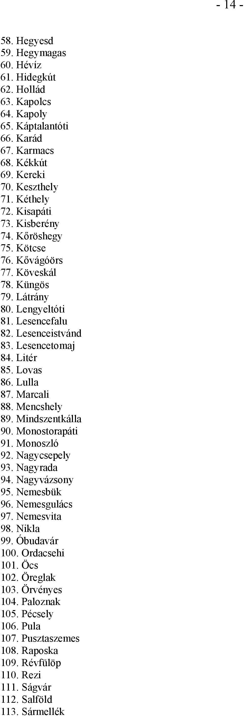 Marcali 88. Mencshely 89. Mindszentkálla 90. Monostorapáti 91. Monoszló 92. Nagycsepely 93. Nagyrada 94. Nagyvázsony 95. Nemesbük 96. Nemesgulács 97. Nemesvita 98. Nikla 99. Óbudavár 100.