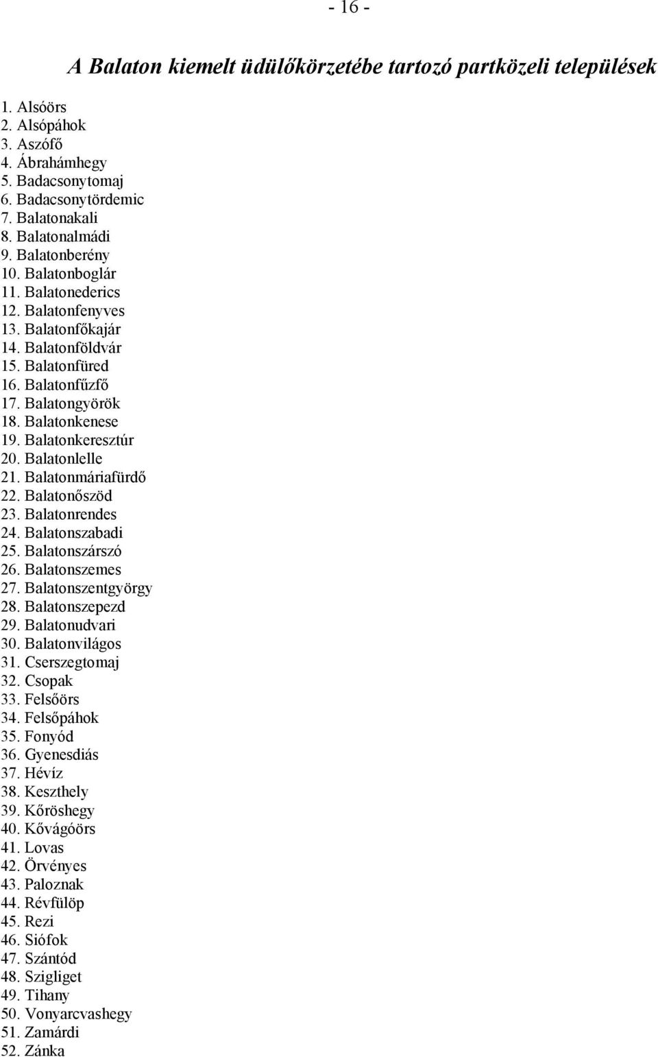 Balatonkeresztúr 20. Balatonlelle 21. Balatonmáriafürdő 22. Balatonőszöd 23. Balatonrendes 24. Balatonszabadi 25. Balatonszárszó 26. Balatonszemes 27. Balatonszentgyörgy 28. Balatonszepezd 29.