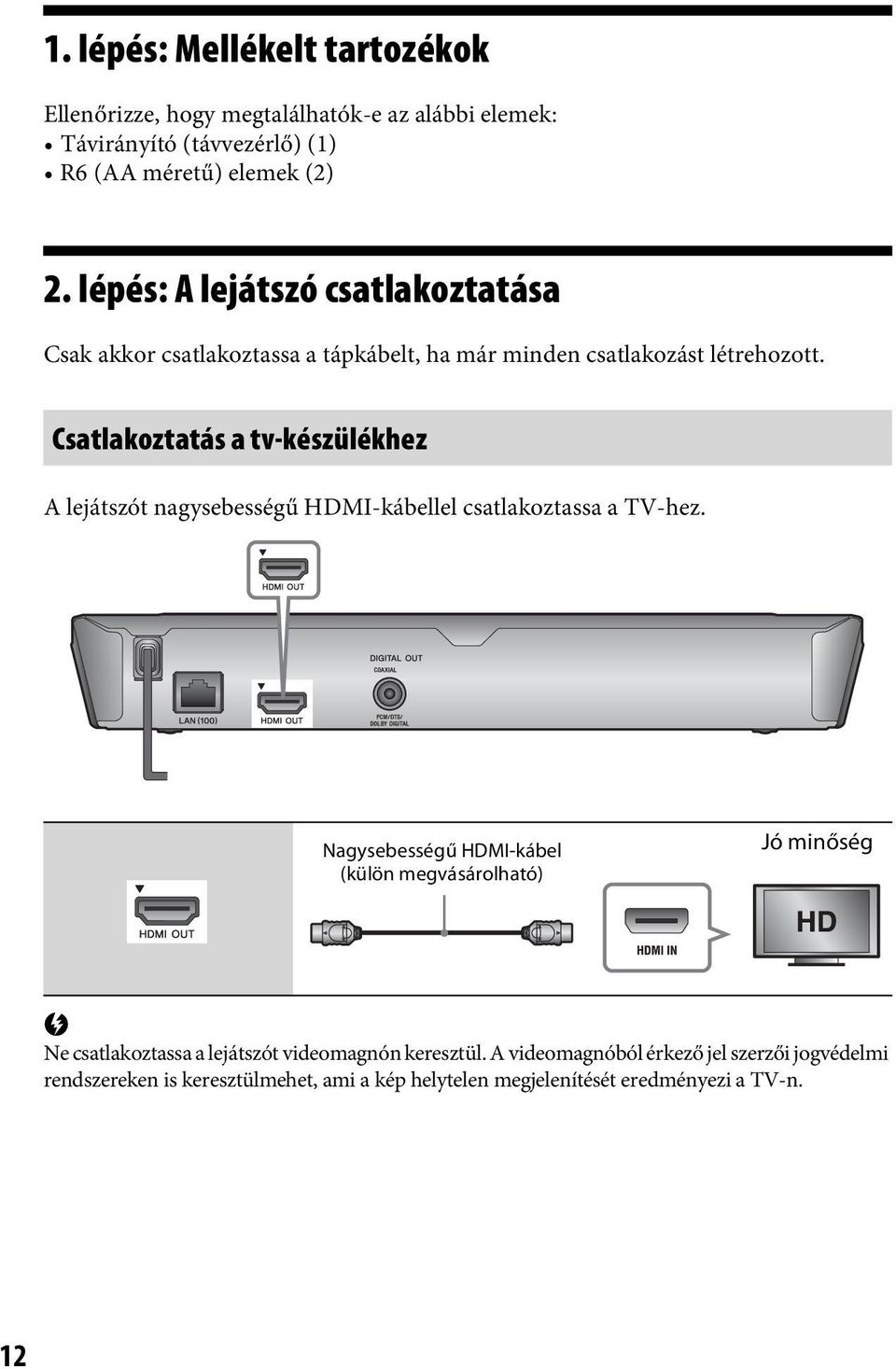 Csatlakoztatás a tv-készülékhez A lejátszót nagysebességű HDMI-kábellel csatlakoztassa a TV-hez.