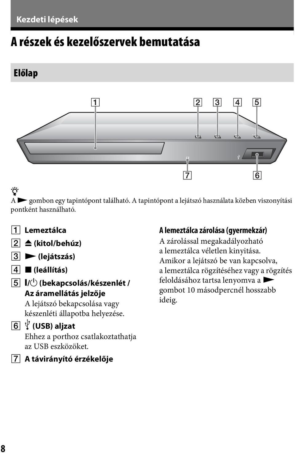 A Lemeztálca B Z (kitol/behúz) C N (lejátszás) D x (leállítás) E [/1 (bekapcsolás/készenlét / Az áramellátás jelzője A lejátszó bekapcsolása vagy készenléti állapotba