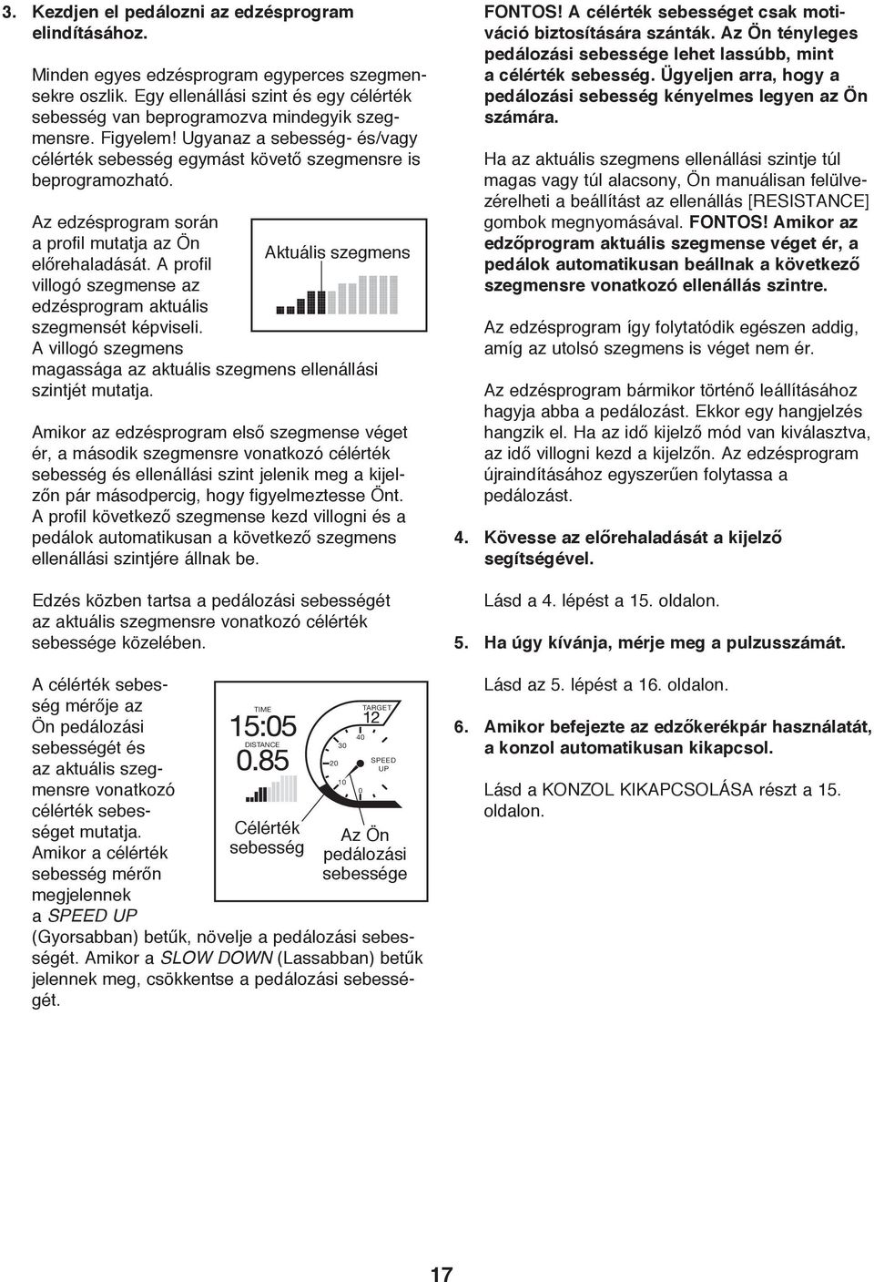 A profil villogó szegmense az edzésprogram aktuális szegmensét képviseli. A villogó szegmens magassága az aktuális szegmens ellenállási szintjét mutatja.