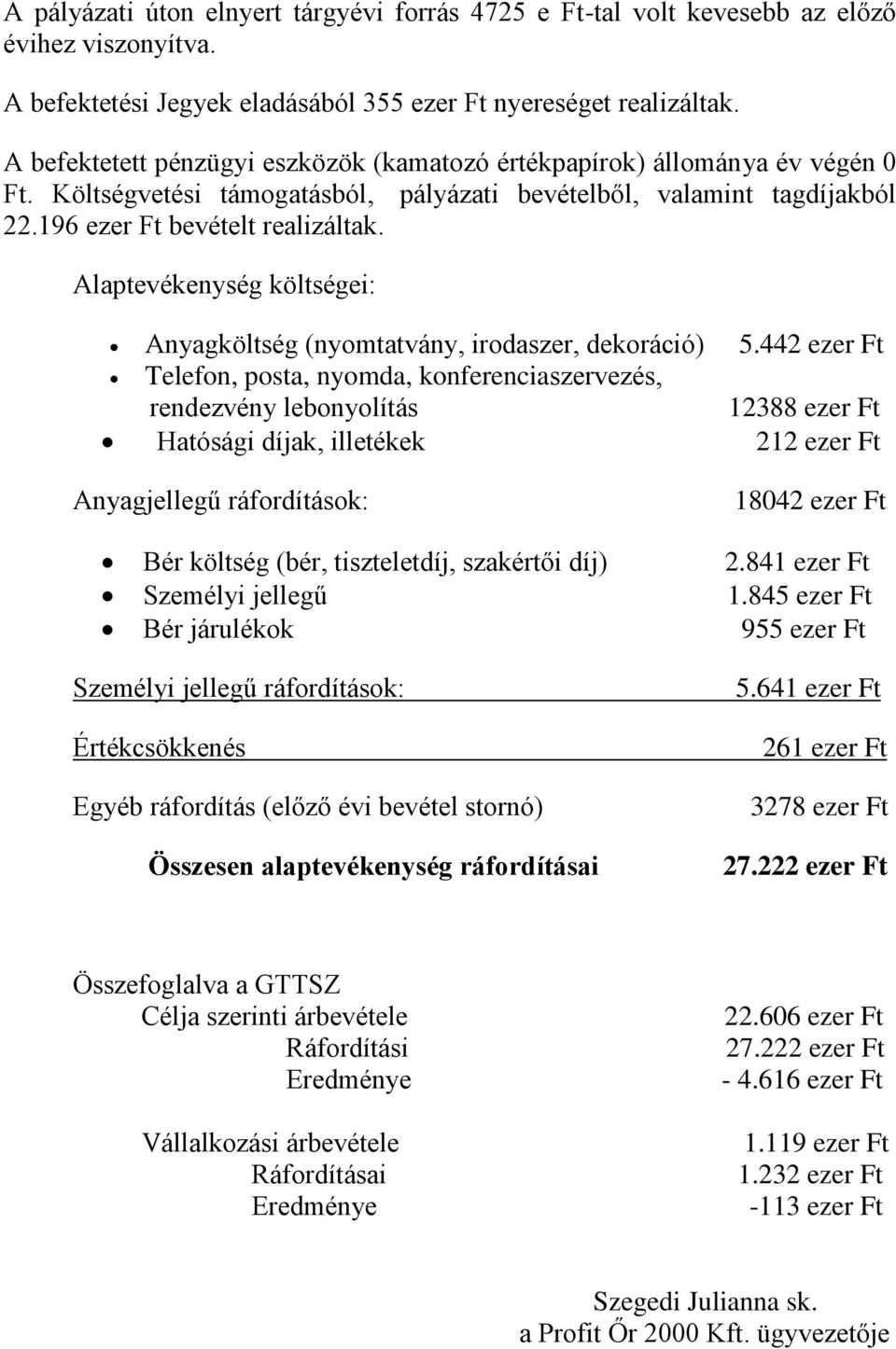 Alaptevékenység költségei: Anyagköltség (nyomtatvány, irodaszer, dekoráció) 5.