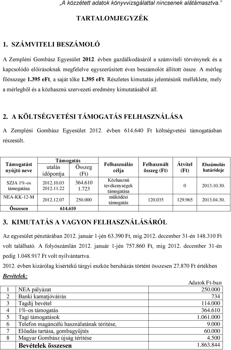 a saját tőke 1.395 eft. Részletes kimutatás jelentésünk melléklete, mely a mérlegből és a közhasznú szervezeti eredmény kimutatásából áll. 2.