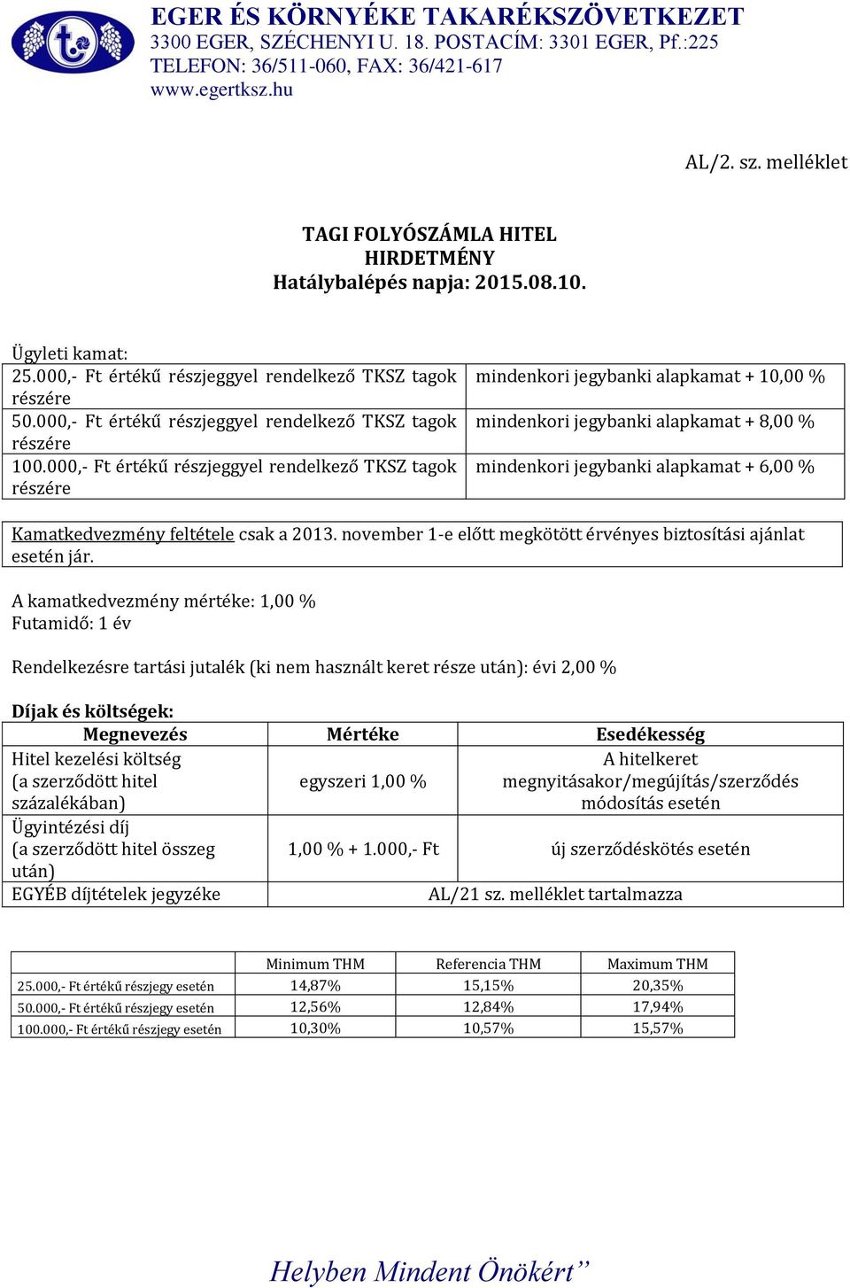 000,- Ft értékű részjeggyel rendelkező TKSZ tagok részére mindenkori jegybanki alapkamat + 10,00 % mindenkori jegybanki alapkamat + 8,00 % mindenkori jegybanki alapkamat + 6,00 % Kamatkedvezmény