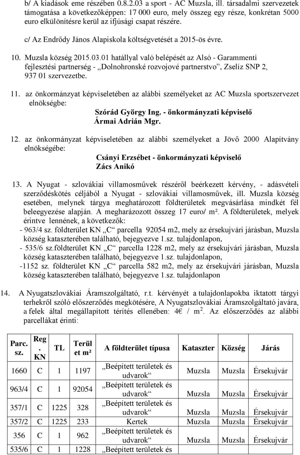 c/ Az Endrődy János Alapiskola költségvetését a 2015-ös évre. 10. Muzsla község 2015.03.