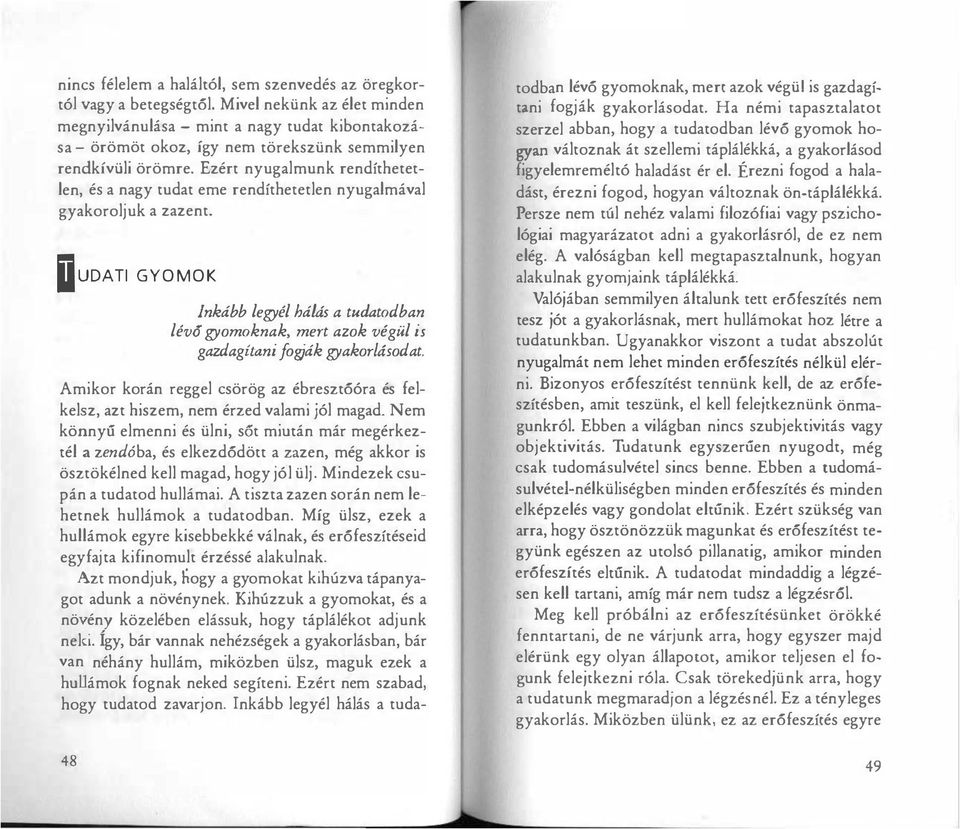 Ezért nyugalmunk rendíthetetlen, és a nagy tudat eme rendíthetetlen nyugalmával gyakoroljuk a zazent. DUDATI GYOMOK Inkább legyél háli, a tudatodban lév6 gyomoknak.