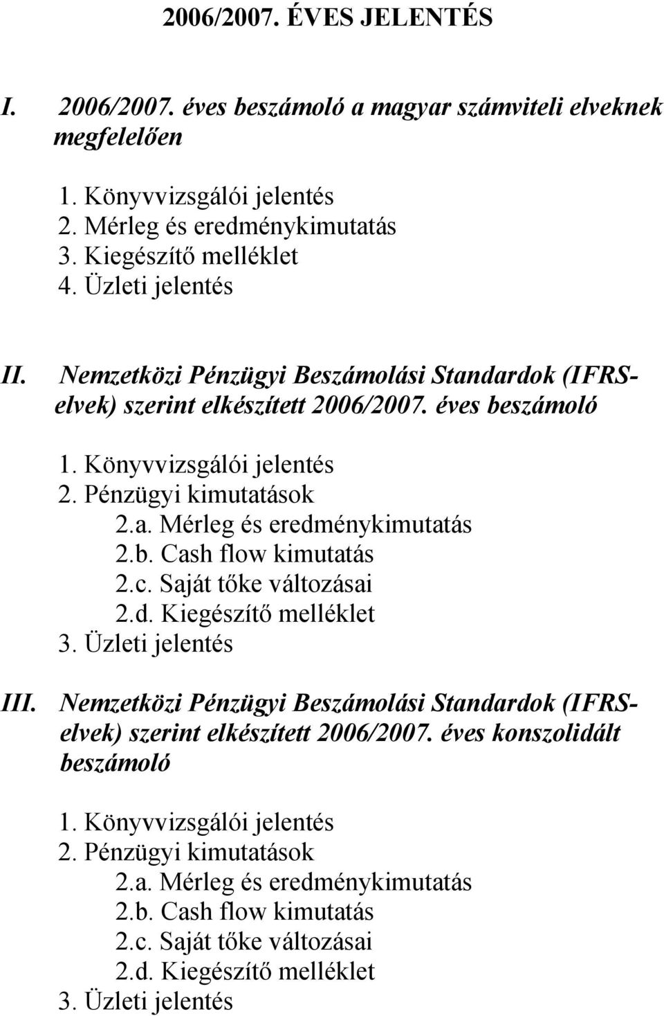 b. Cash flow kimutatás 2.c. Saját tőke változásai 2.d. Kiegészítő melléklet 3. Üzleti jelentés III. Nemzetközi Pénzügyi Beszámolási Standardok (IFRSelvek) szerint elkészített 2006/2007.