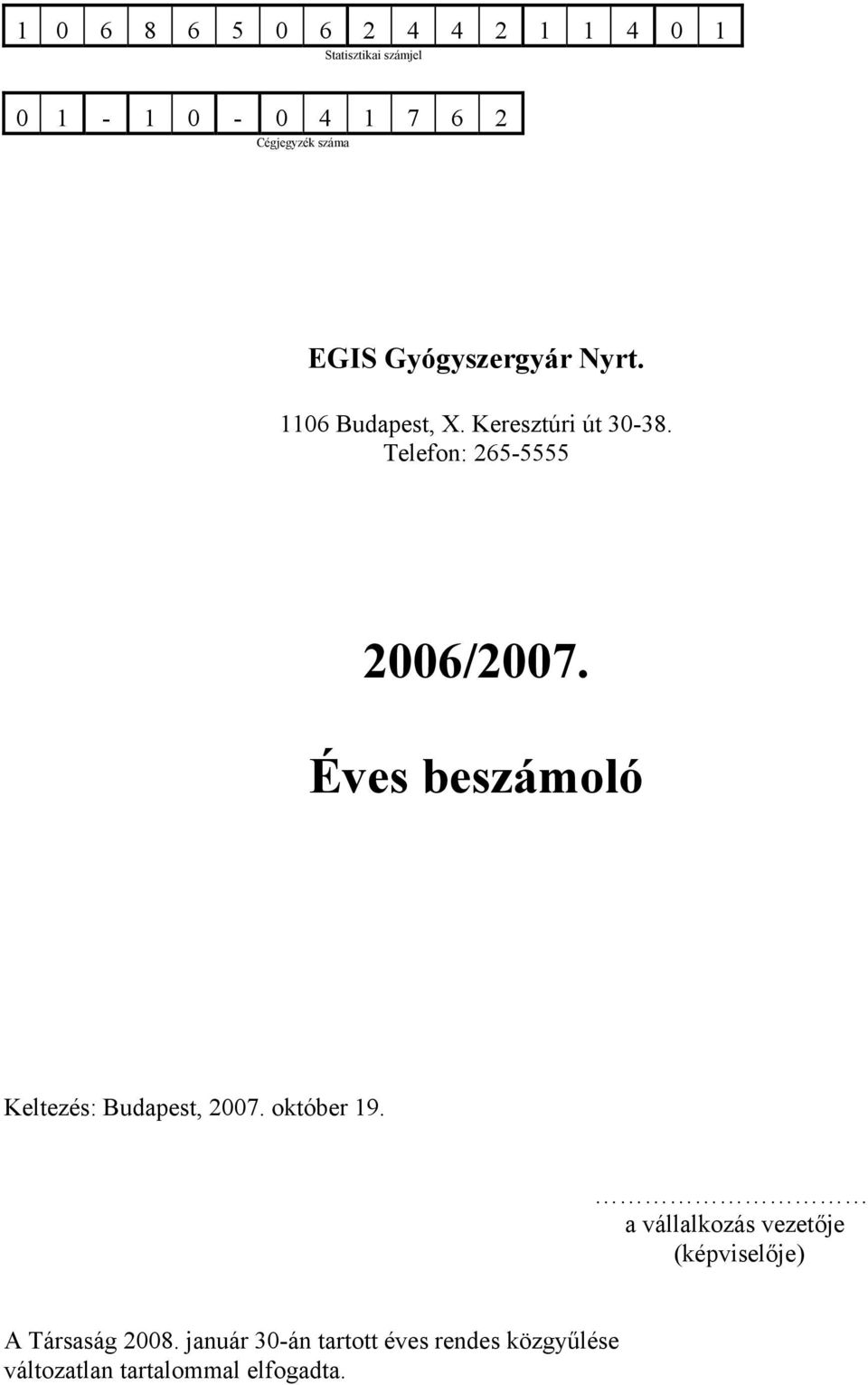 Éves beszámoló Keltezés: Budapest, 2007. október 19.