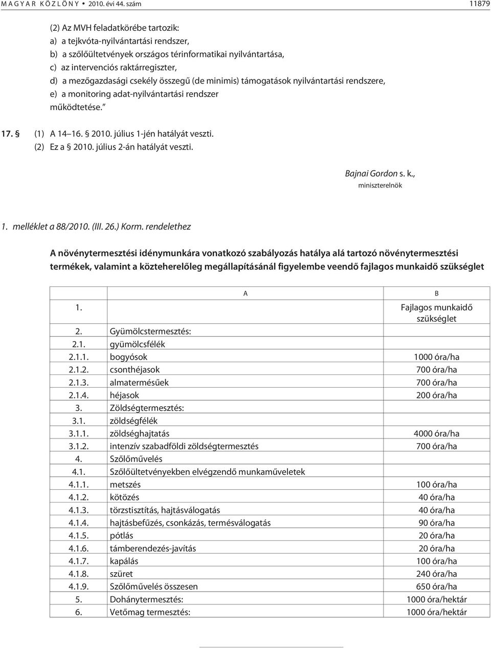 mezõgazdasági csekély összegû (de minimis) támogatások nyilvántartási rendszere, e) a monitoring adat-nyilvántartási rendszer mûködtetése. 17. (1) A 14 16. 2010. július 1-jén hatályát veszti.