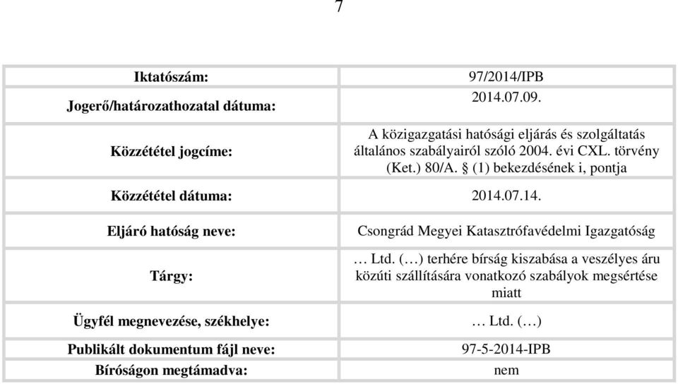 (1) bekezdésének i, pontja Közzététel dátuma: 2014.