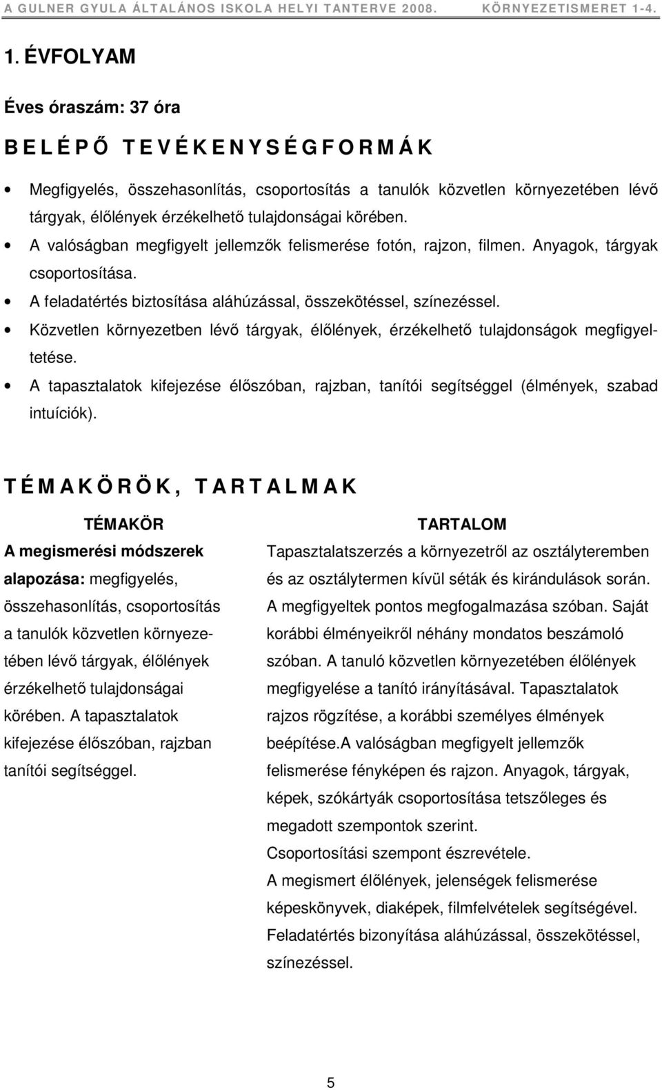 Közvetlen környezetben lévı tárgyak, élılények, érzékelhetı tulajdonságok megfigyeltetése. A tapasztalatok kifejezése élıszóban, rajzban, tanítói segítséggel (élmények, szabad intuíciók).