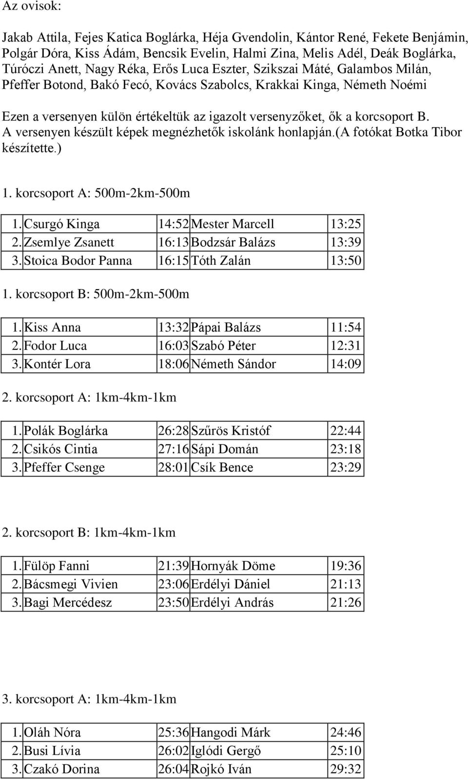 A versenyen készült képek megnézhetők iskolánk honlapján.(a fotókat Botka Tibor készítette.) 1. korcsoport A: 500m-2km-500m 1. Csurgó Kinga 14:52 Mester Marcell 13:25 2.