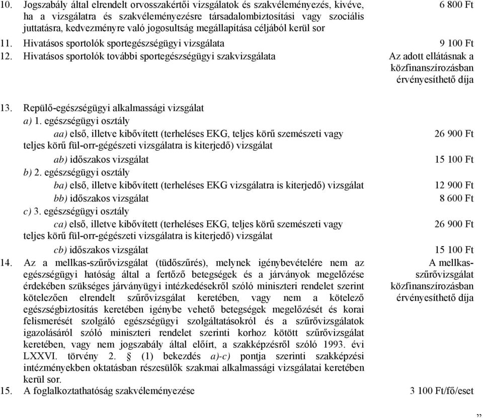 Hivatásos sportolók további sportegészségügyi szakvizsgálata Az adott ellátásnak a közfinanszírozásban érvényesíthető díja 13. Repülő-egészségügyi alkalmassági vizsgálat a) 1.