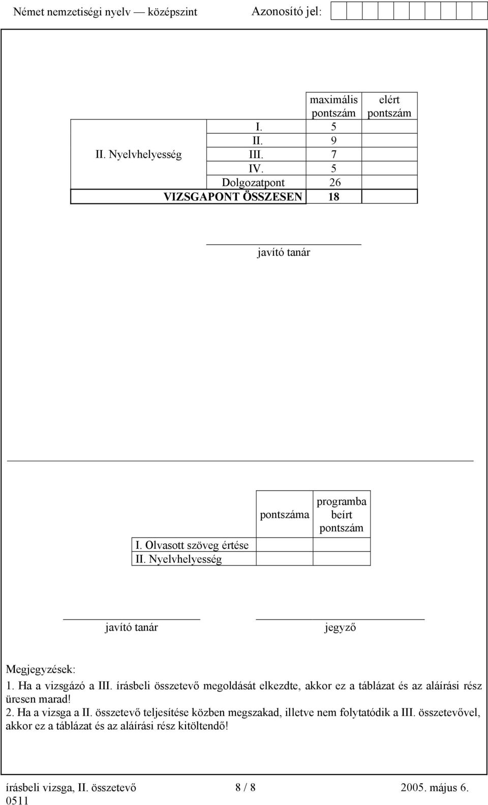 írásbeli összetevő megoldását elkezdte, akkor ez a táblázat és az aláírási rész üresen marad! 2. Ha a vizsga a II.