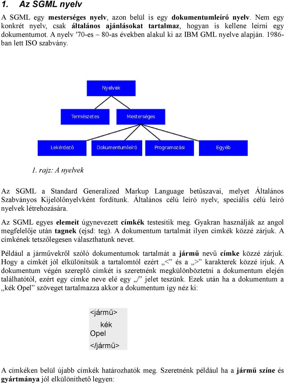 Általános célú leíró nyelv, speciális célú leíró nyelvek létrehozására. Az SGML egyes elemeit úgynevezett címkék testesítik meg. Gyakran használják az angol megfelelője után tagnek (ejsd: teg).