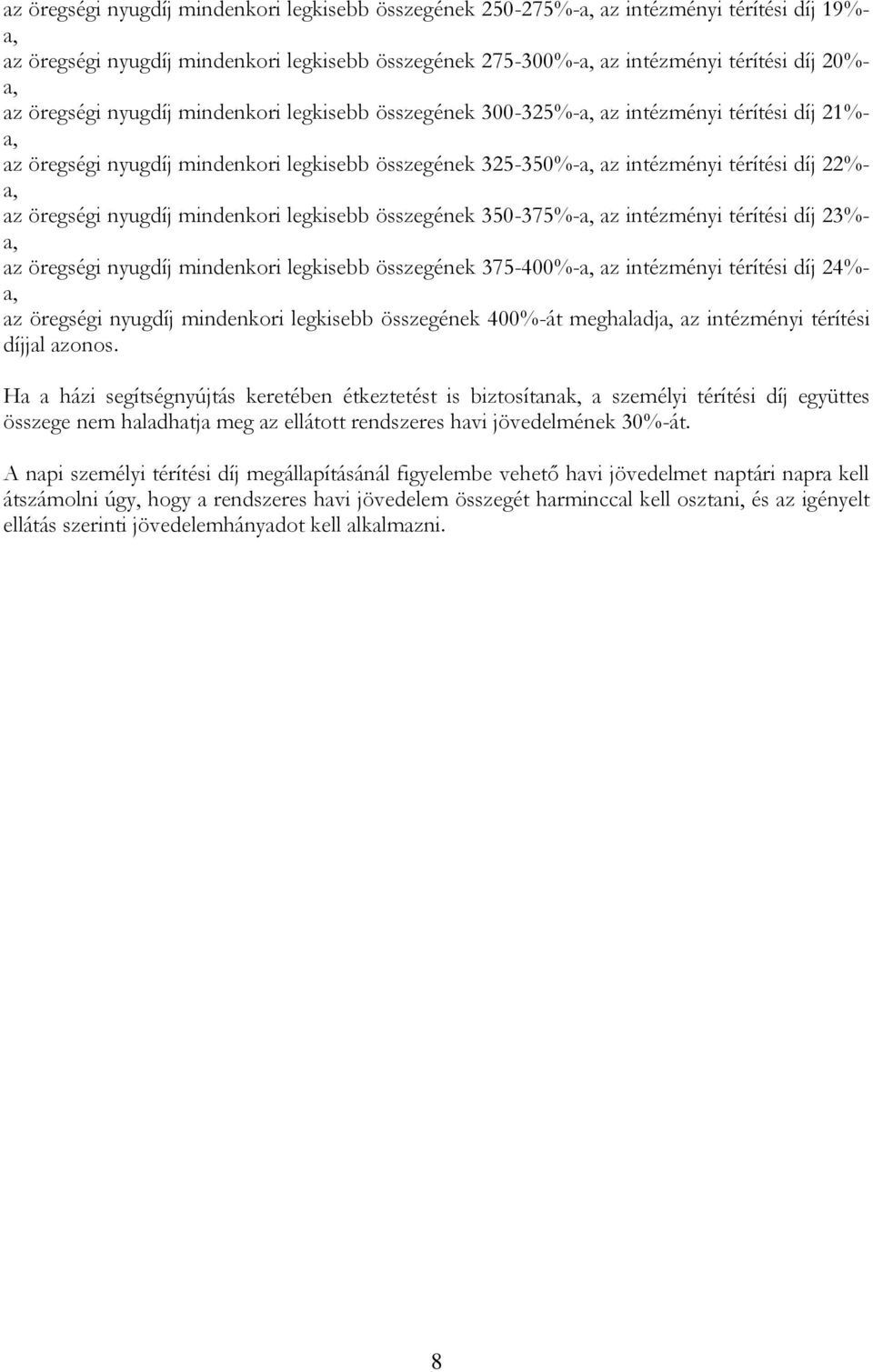 mindenkori legkisebb összegének 350-375%- az intézményi térítési díj 23%- az öregségi nyugdíj mindenkori legkisebb összegének 375-400%- az intézményi térítési díj 24%- az öregségi nyugdíj mindenkori