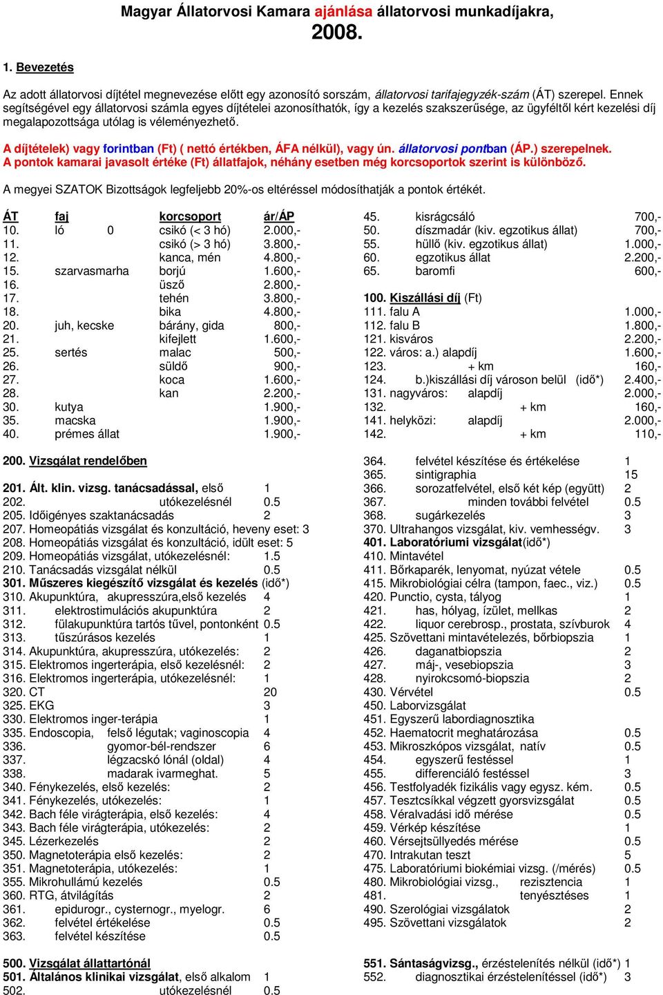 A díjtételek) vagy forintban (Ft) ( nettó értékben, ÁFA nélkül), vagy ún. állatorvosi pontban (ÁP.) szerepelnek.