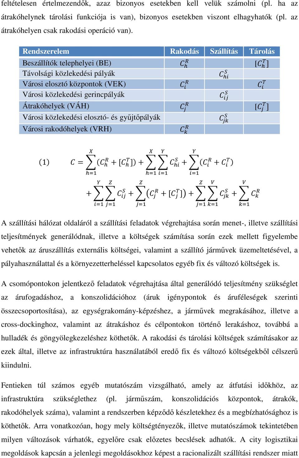 Rendszerelem Rakodás Szállítás Tárolás Beszállítók telephelyei (BE) [ Távolsági közlekedési pályák Városi elosztó központok (VEK) Városi közlekedési gerincpályák Átrakóhelyek (VÁH) [ Városi