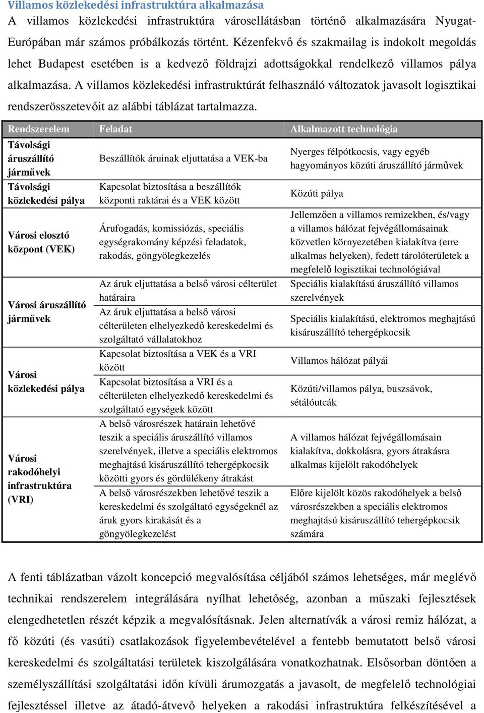 A villamos közlekedési infrastruktúrát felhasználó változatok javasolt logisztikai rendszerösszetevőit az alábbi táblázat tartalmazza.