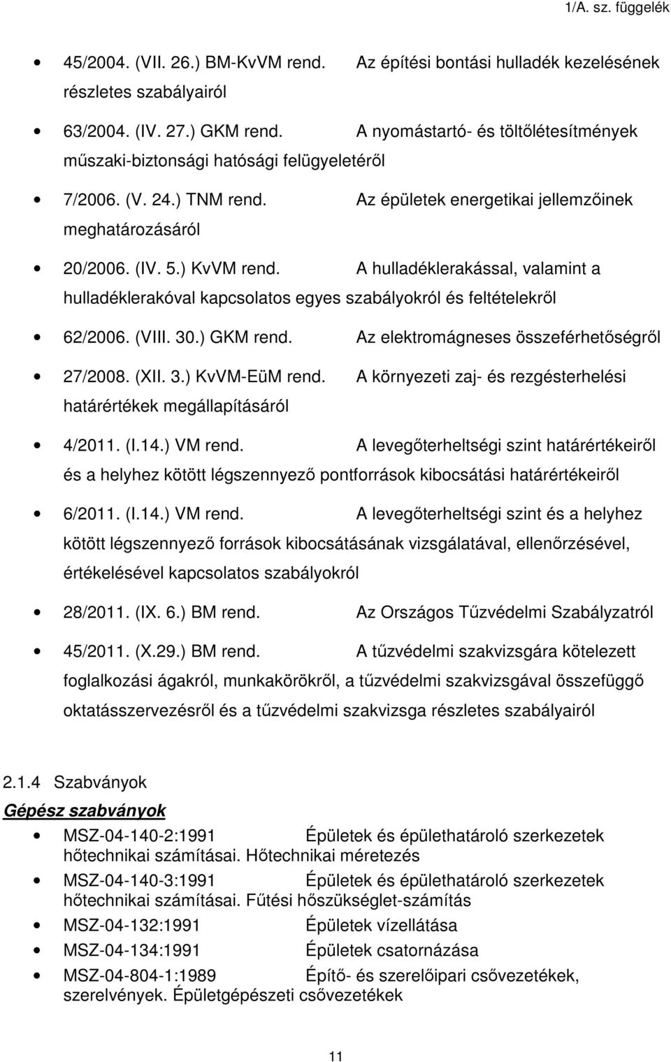 A hulladéklerakással, valamint a hulladéklerakóval kapcsolatos egyes szabályokról és feltételekről 62/2006. (VIII. 30.) GKM rend. Az elektromágneses összeférhetőségről 27/2008. (XII. 3.) KvVM-EüM rend.