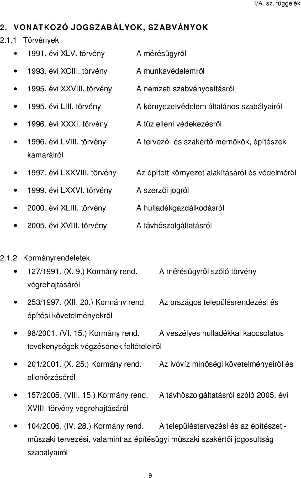 évi LXXVIII. törvény Az épített környezet alakításáról és védelméről 1999. évi LXXVI. törvény A szerzői jogról 2000. évi XLIII. törvény A hulladékgazdálkodásról 2005. évi XVIII.