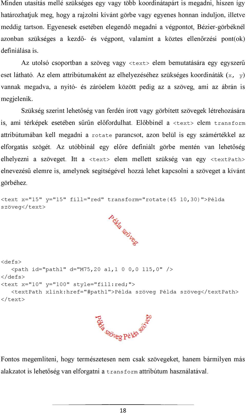 Az utolsó csoportban a szöveg vagy <text> elem bemutatására egy egyszerű eset látható.