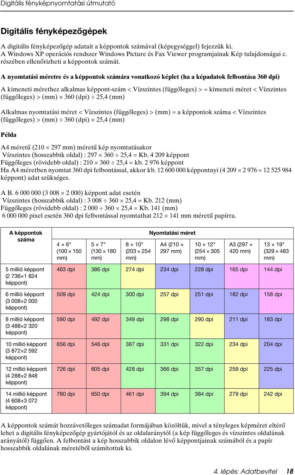 A nyomtatási méretre és a képpontok számára vonatkozó képlet (ha a képadatok felbontása 360 dpi) A kimeneti mérethez alkalmas képpont-szám < Vízszintes (függőleges) > = kimeneti méret < Vízszintes