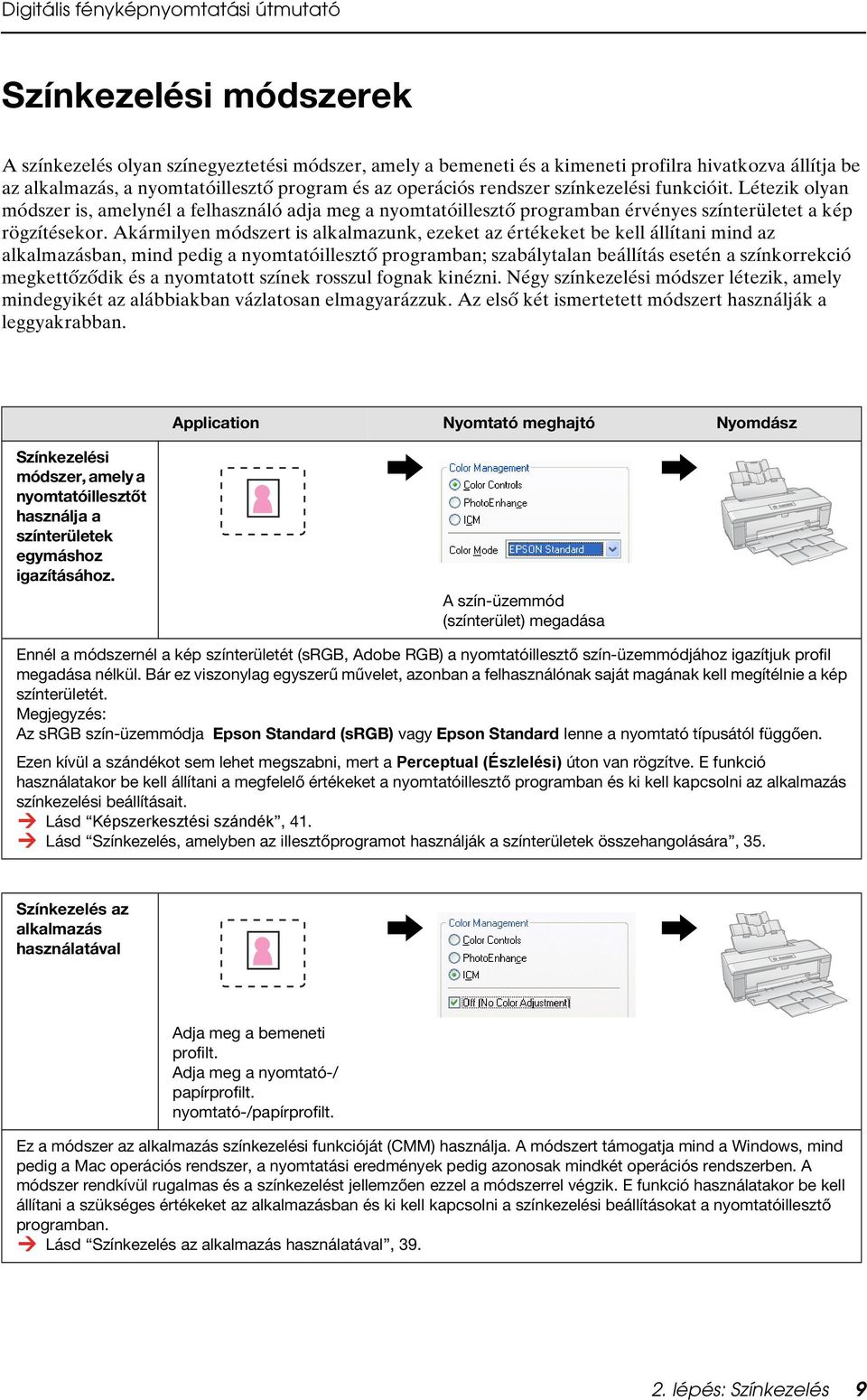 Akármilyen módszert is alkalmazunk, ezeket az értékeket be kell állítani mind az alkalmazásban, mind pedig a nyomtatóillesztő programban; szabálytalan beállítás esetén a színkorrekció megkettőződik