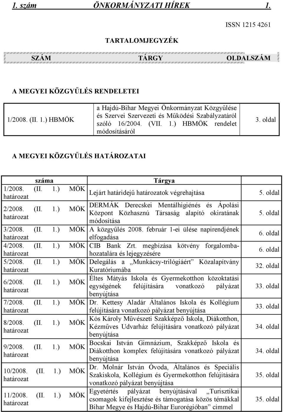 (II. 1.) MÖK határozat 6/2008. (II. 1.) MÖK határozat 7/2008. (II. 1.) MÖK határozat 8/2008. (II. 1.) MÖK határozat 9/2008. (II. 1.) MÖK határozat 10/2008. (II. 1.) MÖK határozat 11/2008. (II. 1.) MÖK határozat Tárgya Lejárt határidejő határozatok végrehajtása DERMÁK Derecskei Mentálhigiénés és Ápolási Központ Közhasznú Társaság alapító okiratának módosítása A közgyőlés 2008.