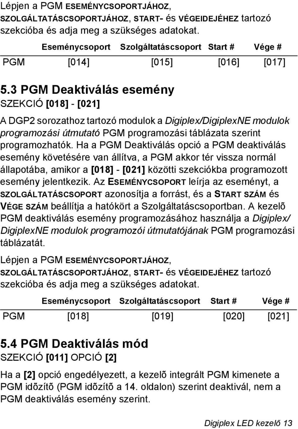 3 PGM Deaktiválás esemény SZEKCIÓ [018] - [021] A DGP2 sorozathoz tartozó modulok a Digiplex/DigiplexNE modulok programozási útmutató PGM programozási táblázata szerint programozhatók.