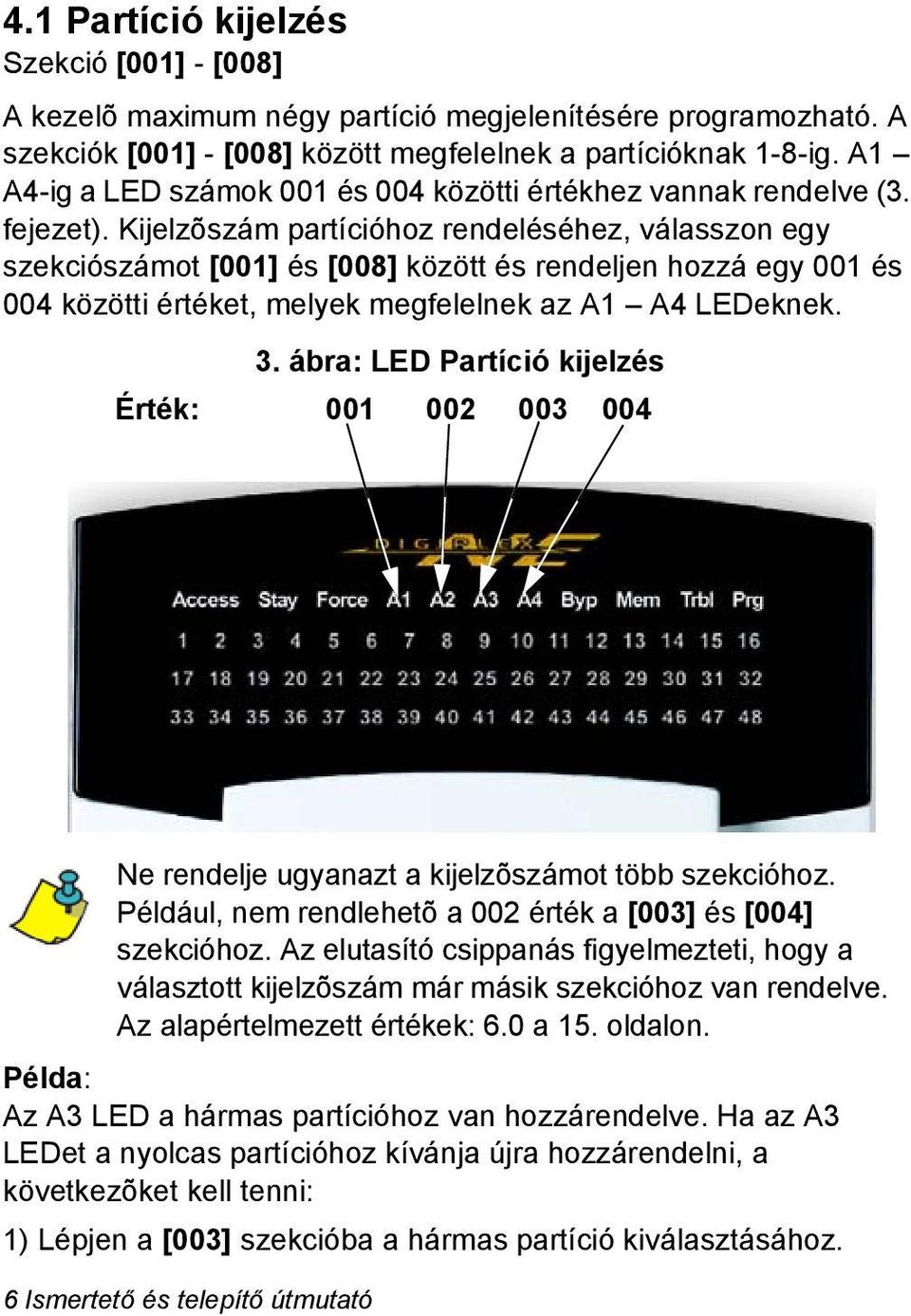 Kijelzõszám partícióhoz rendeléséhez, válasszon egy szekciószámot [001] és [008] között és rendeljen hozzá egy 001 és 004 közötti értéket, melyek megfelelnek az A1 A4 LEDeknek. 3.