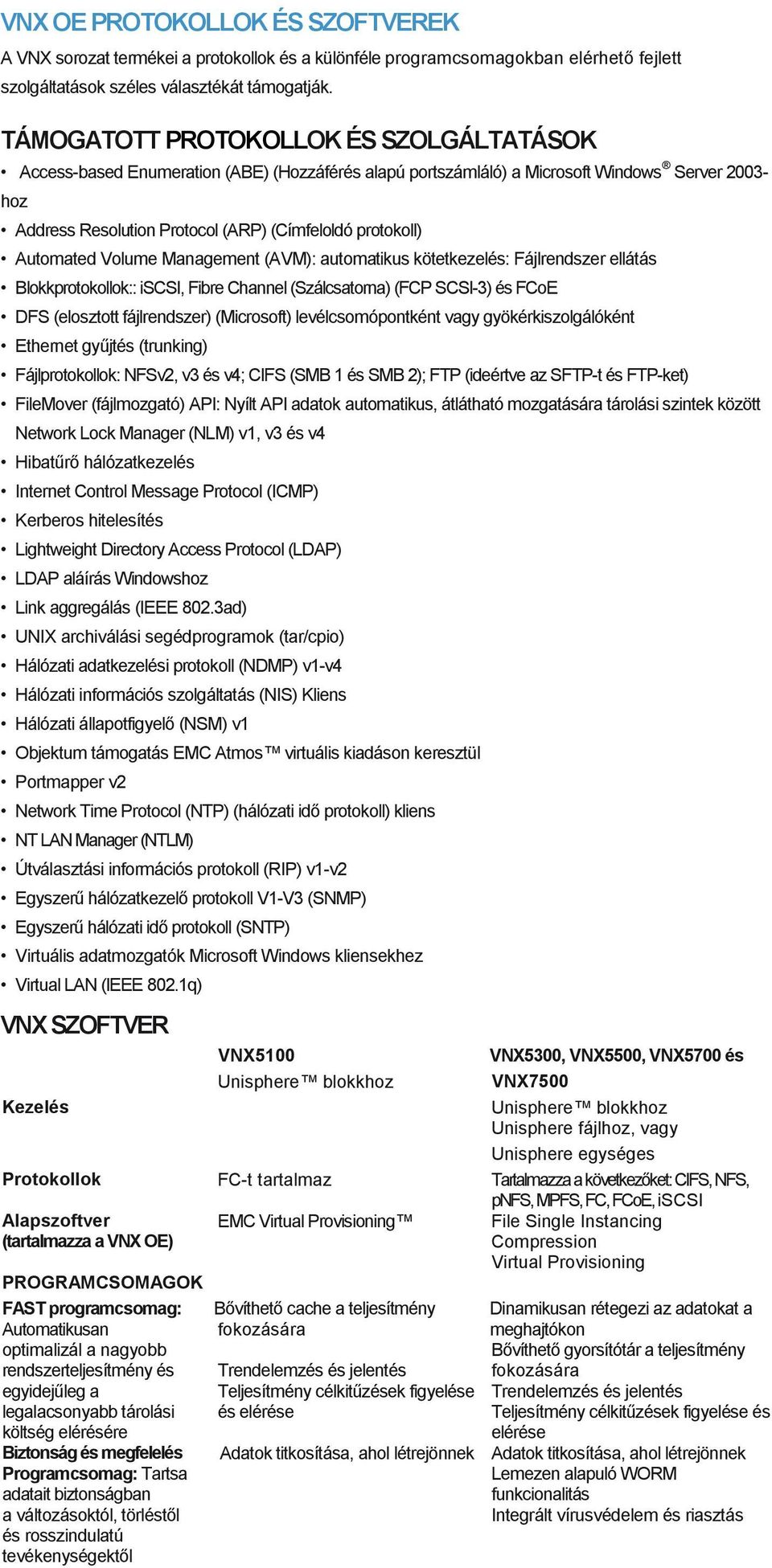 Automated Volume Management (AVM): automatikus kötetkezelés: Fájlrendszer ellátás Blokkprotokollok:: iscsi, Fibre Channel (Szálcsatorna) (FCP SCSI-3) és FCoE DFS (elosztott fájlrendszer) (Microsoft)