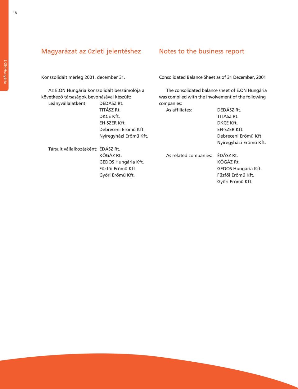 Társult vállalkozásként: ÉDÁSZ Rt. KÖGÁZ Rt. GEDOS Hungária Kft. Fûzfôi Erômû Kft. Gyôri Erômû Kft. The consolidated balance sheet of E.