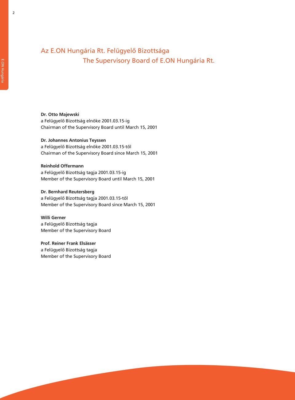 15-tôl Chairman of the Supervisory Board since March 15, 2001 Reinhold Offermann a Felügyelô Bizottság tagja 2001.03.15-ig Member of the Supervisory Board until March 15, 2001 Dr.