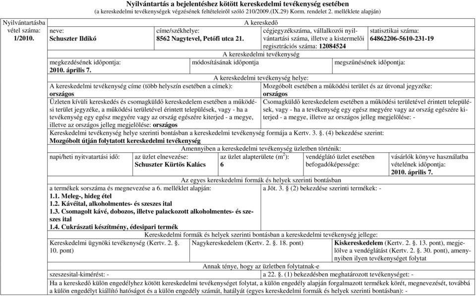 módosításának időpontja száma, illetve a kistermelői regisztrációs 12084524 statisztikai 64862206-5610-231-19 címe (több helyszín esetében a címek): Mozgóbolt esetében a működési terület és az