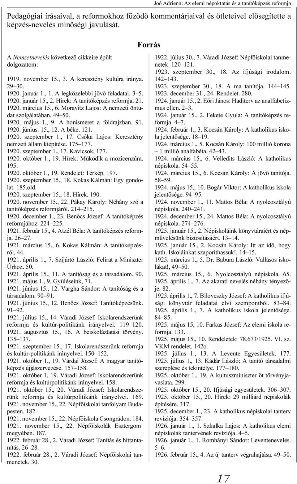 Moravitz Lajos: A nemzeti öntudat szolgálatában. 49 50. 1920. május 1., 9. A honismeret a földrajzban. 91. 1920. június. 15., 12. A béke. 121. 1920. szeptember 1., 17.