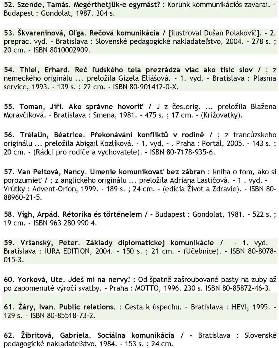 .. preloţila Gizela Eliášová. - 1. vyd. Bratislava : Plasma service, 1993. - 139 s. ; 22 cm. - ISBN 80-901412-0-X. 55. Toman, Jiří. Ako správne hovoriť / J z čes.orig.... preloţila Blaţena Moravčíková.