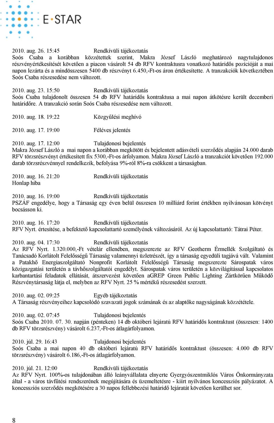 vonatkozó határidős pozícióját a mai napon lezárta és a mindösszesen 5400 db részvényt 6.450,-Ft-os áron értékesítette. A tranzakciók következtében Soós Csaba részesedése nem változott. 2010. aug. 23.