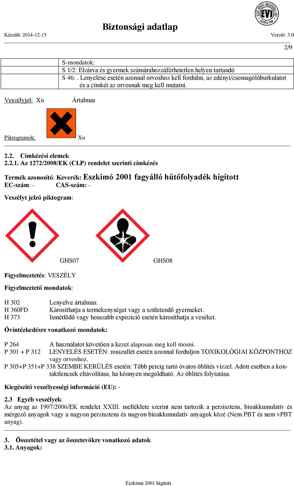 Az 1272/2008/EK (CLP) rendelet szerinti címkézés Termék azonosító: Keverék: Eszkimó 2001 fagyálló hűtőfolyadék hígított EC-szám: - CAS-szám: - Veszélyt jelző piktogram: GHS07 GHS08 Figyelmeztetés: