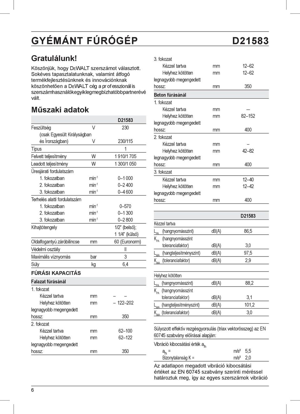 Műszaki adatok D21583 Feszültség V 230 (csak Egyesült Királyságban és Írországban) V 230/115 Típus 1 Felvett teljesítmény W 1 910/1 705 Leadott teljesítmény W 1 300/1 050 Üresjárati fordulatszám 1.