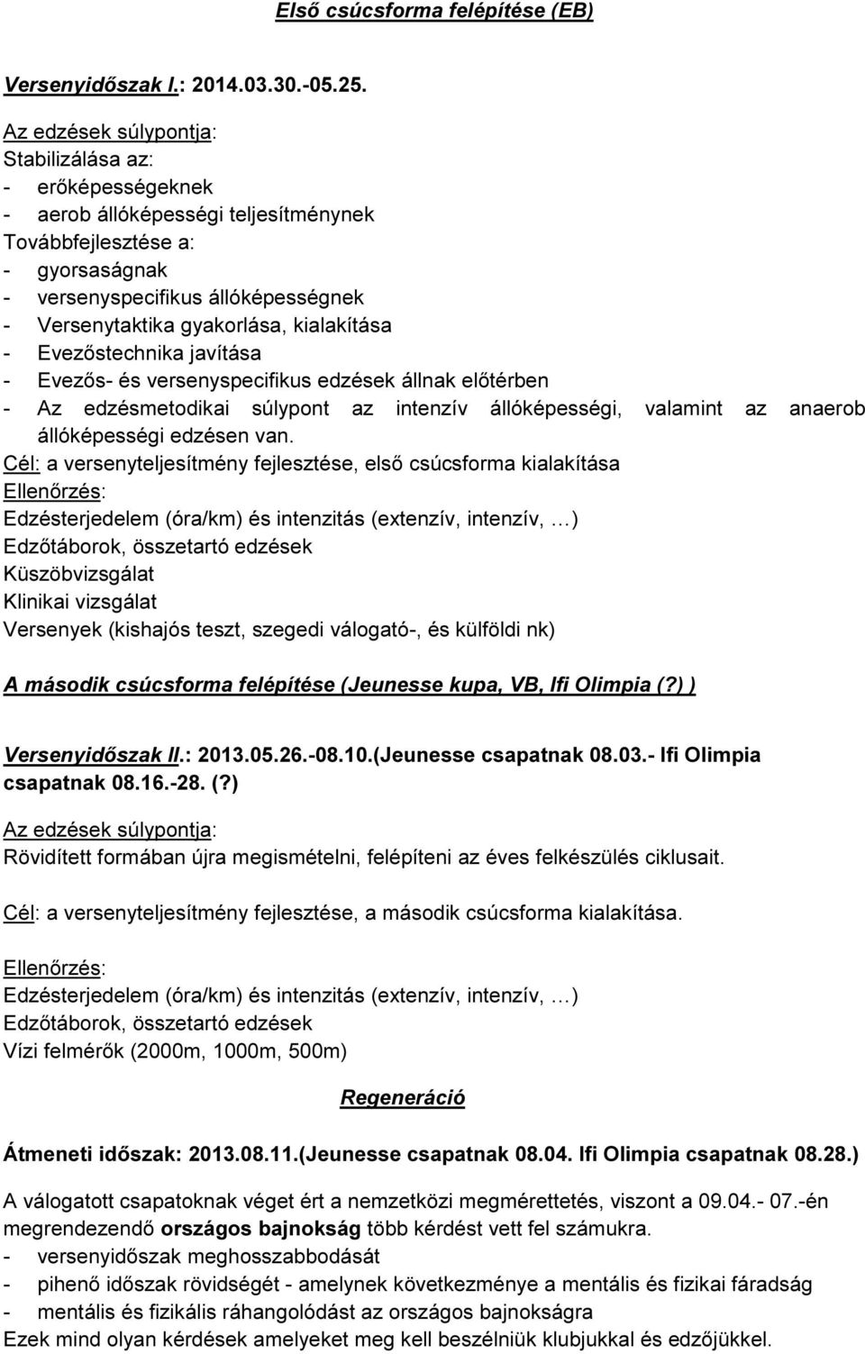 kialakítása - Evezőstechnika javítása - Evezős- és versenyspecifikus edzések állnak előtérben - Az edzésmetodikai súlypont az intenzív állóképességi, valamint az anaerob állóképességi edzésen van.