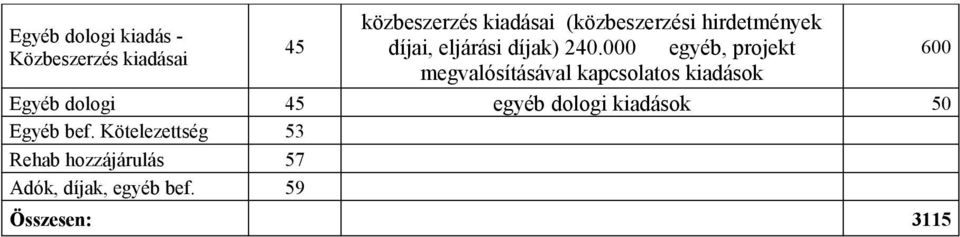 000 egyéb, projekt megvalósításával kapcsolatos kiadások Egyéb dologi 45 egyéb