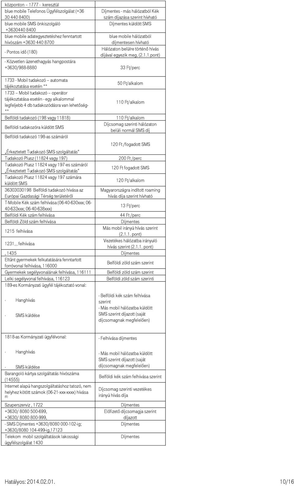 1.1.pont) - Közvetlen üzenethagyás hangpostára +3630/988-8880 /perc 1733 - Mobil tudakozó automata tájékoztatása esetén ** 1733 Mobil tudakozó operátor tájékoztatása esetén - egy alkalommal