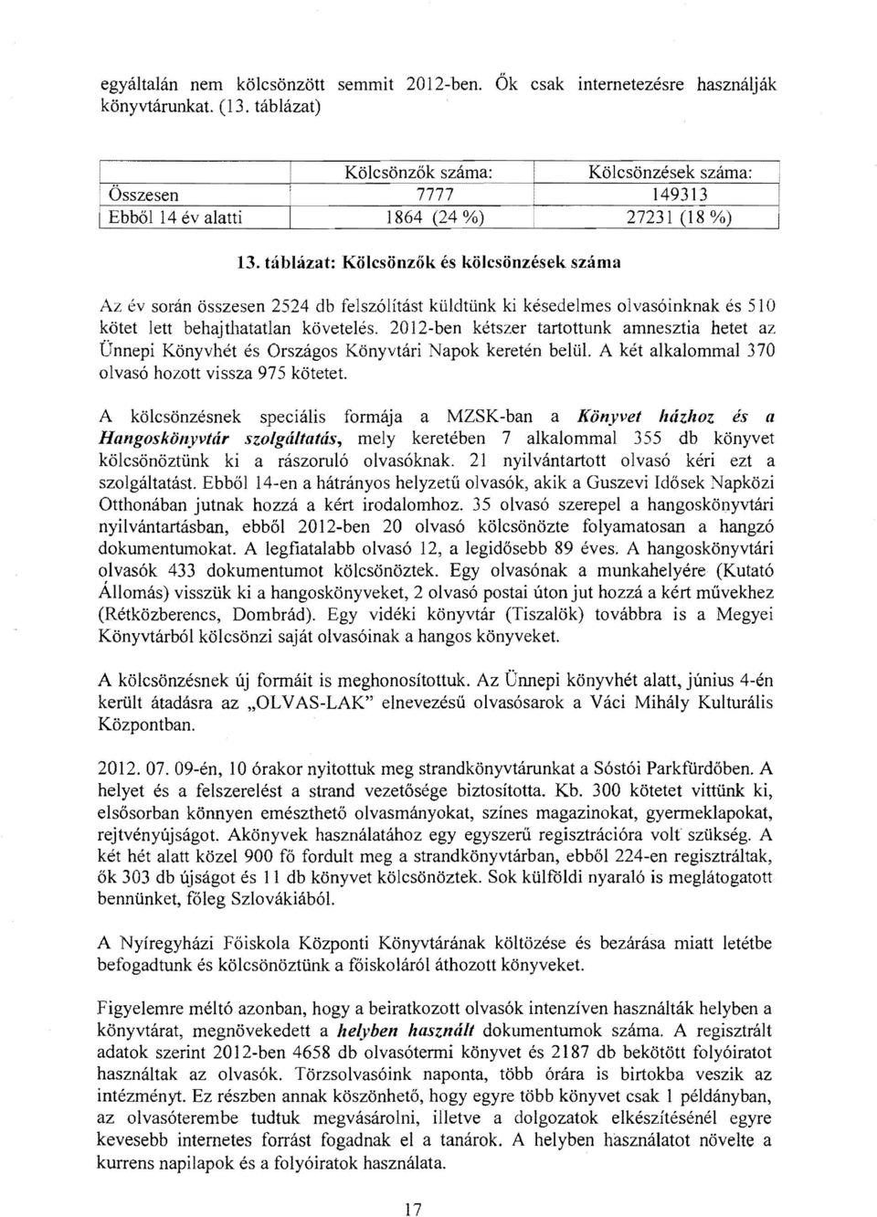 2012-ben kétszer tartottunk amnesztia hetet az Ünnepi Könyvhét Országos Könyvtári Napok keretén belül. A két alkalommal 370 olvasó hozott vissza 975 kötetet.