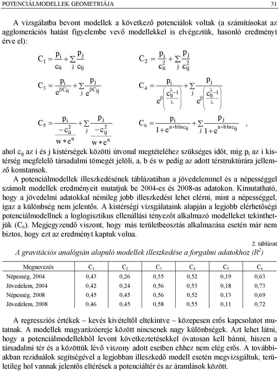 ahol c j az és j kstérségek között útvonal megtételéhez szükséges dőt, míg p az kstérség megfelelő társadalm tömegét jelöl, a, b és w pedg az adott térstruktúrára jellemző konstansok.