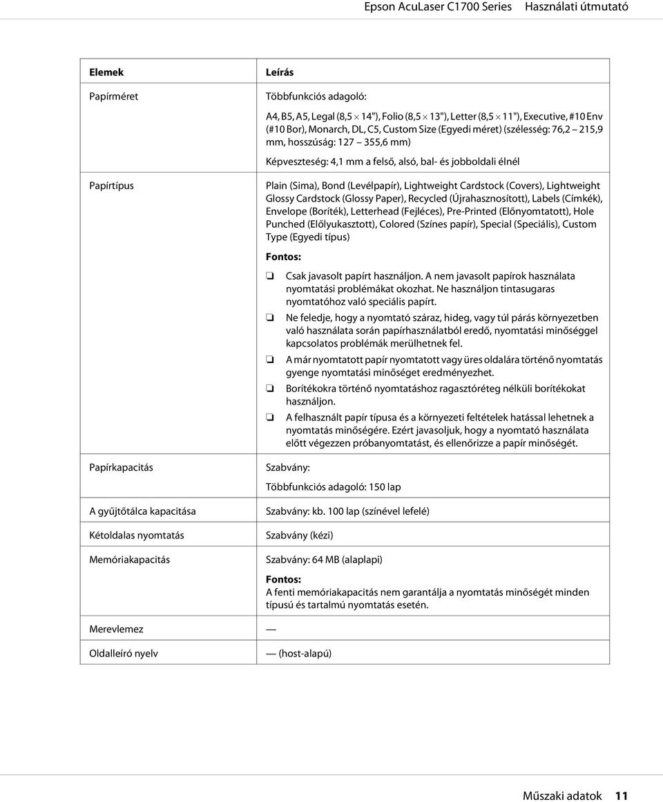 Cardstock (Glossy Paper), Recycled (Újrahasznosított), Labels (Címkék), Envelope (Boríték), Letterhead (Fejléces), Pre-Printed (Előnyomtatott), Hole Punched (Előlyukasztott), Colored (Színes papír),