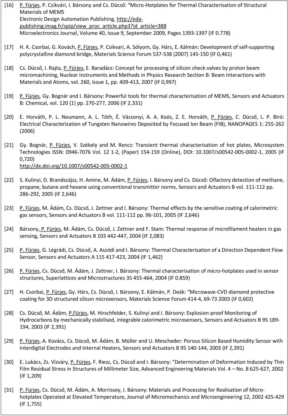 Sólyom, Gy. Hárs, E. Kálmán: Development of self-supporting polycrystalline diamond bridge, Materials Science Forum 537-538 (2007) 145-150 (IF 0,461) [18] Cs. Dücső, I. Rajta, P. Fürjes, E.